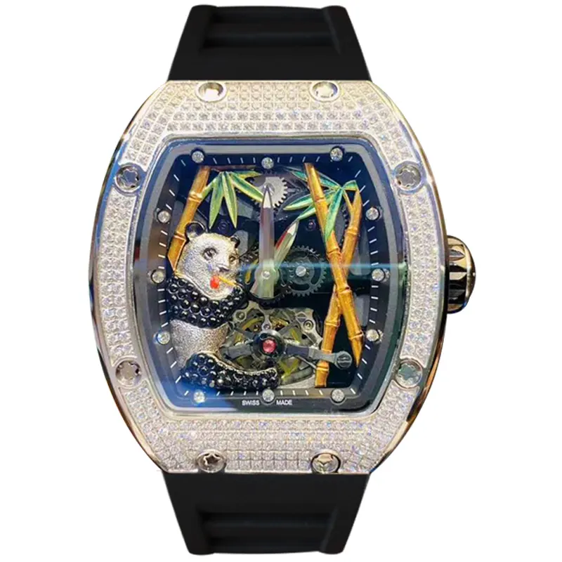 Full diamond panda men's watch Luxury barrel shaped waterproof hollow tourbillon RM fully automatic mechanical watch