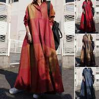 Gaun panjang Vintage wanita, gaun A-line longgar leher Lapel bersaku Timur Tengah musim gugur musim semi