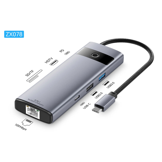 Jasoz ZX078 8-in-1 USB-C Aluminum Alloy Docking Station for 2.0 PD100W Multiport Adapter USB 2.0/3.0 Ports for Stock