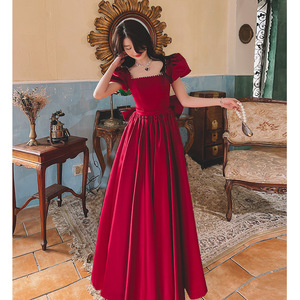 Burgundy A-Line Satin Wedding Dress Square Collar Natural Waist Vintage Princess Gown Long Length - Product Image 1