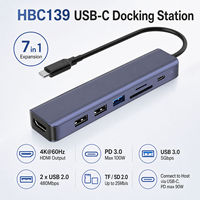 HBC139 7 in 1 USB C Docking Station 4K*60Hz HDMI PD 100W USB3.0 USB2.0 Pembaca Kartu SD TF Multiport Adaptor Laptop