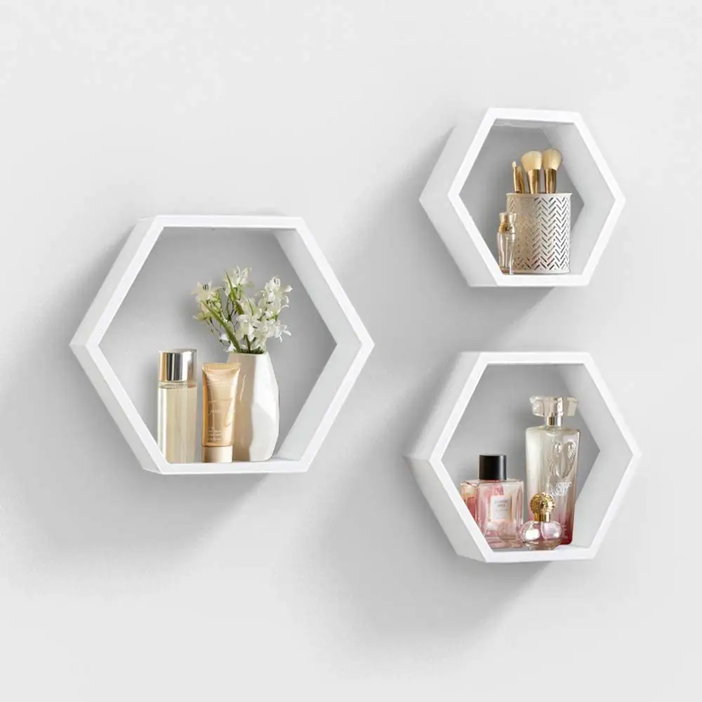 Wall Mounted Hexagon Floating Shelves, Wooden Wall Organizer Hanging Shelf for Home Decor, Set of 3,