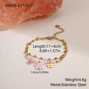 Braccialetti NIMAI in Acciaio Inossidabile con <span class=keywords><strong>Perle</strong></span> di Pietra Naturale <span class=keywords><strong>Rosa</strong></span> e Charm a Fiore per Donne, Gioielli dell'Amicizia con Cuore - Product Image 6