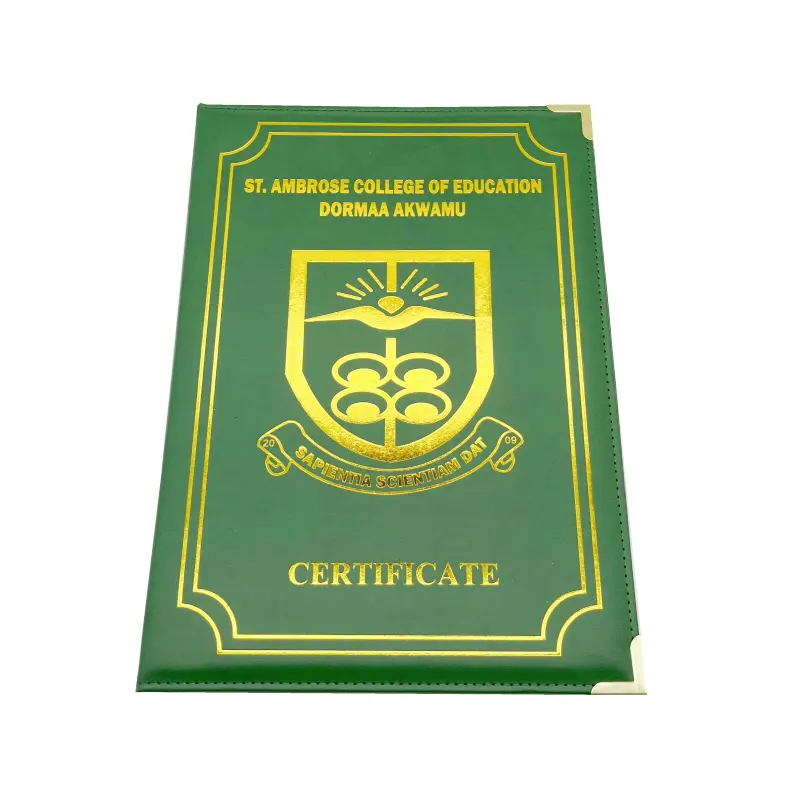 غلاف فارغ لبطاقات الدراسة من جلد البولي يوريثان مطبوع بشعار ذهبي، مع مجلد حامل شهادات المدرسة