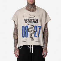 T-shirt Streetwear Personnalisé Vintage Délavé Imprimé DTG Manches Courtes Col Découpé Ourlet Brut Design Distressed T-shirts Hip Hop Musclés