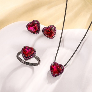 High End Eco-friendly Copper 9*9mm Red Zircon Black Gold Plated Romantic Heart Shaped Jewelry Set for Valentine's Day Gift - Product Image 1