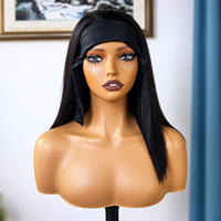 Perruque bandeau sans colle en cheveux humains vierges, sans dentelle, lisse, noir naturel, avec bande en soie glacée, prête à porter