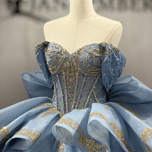 Dy20304 Dusty Blue Sweetheart <b>Corset</b> Bodice Ball Gown <b>Prom</b> <b>Dress</b> Heavy Gold Sequin Applique Layered Bow Train Jancember - Product Image 3