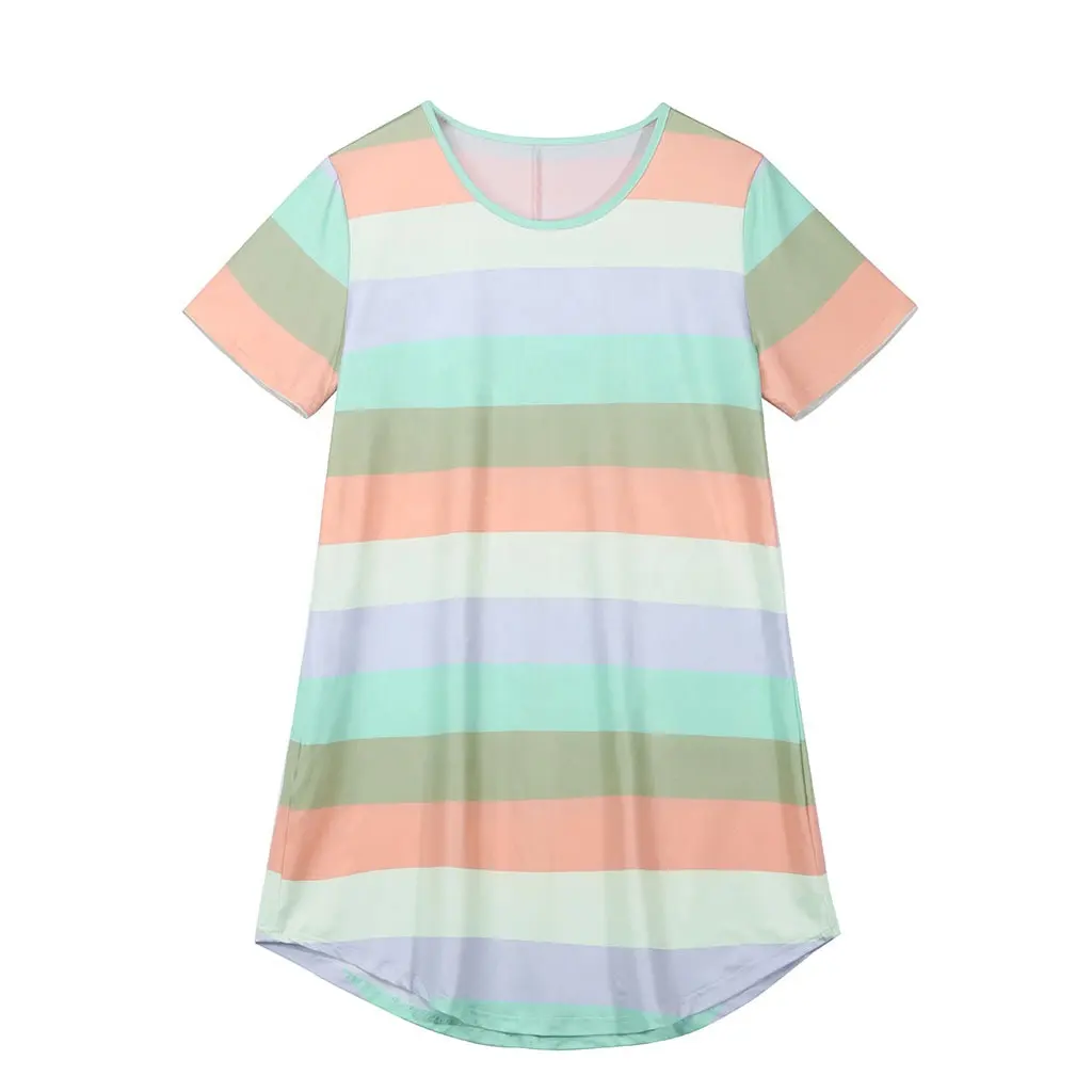 Hot Selling Custom Logo Runder Baumwoll kragen Plus Size Damen bekleidung Damen Nachtwäsche Rainbow Stripe Freizeit kleid