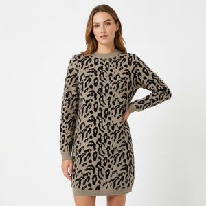 Robe pull cardigan en laine à imprimé léopard pour femme, coupe ample, manches longues, col montant, tenue décontractée d'automne - Product Image 1