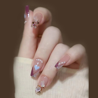 Uñas Postizas Removibles de Alta Gama con Diamantes Morados en Degradado y Flores con Pedrería, Exquisitas y Elegantes