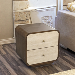 Modern Dark Walnut <strong>Bedside</strong> <strong>Table</strong> with <strong>Yellow</strong> Travertine Top Luxury Nightstand for Bedroom Minimalist Wooden Storage Furniture - Product Image 5