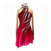 Robe de patinage artistique rouge fuchsia dégradé, dos ouvert, ornée de strass, pour filles et femmes