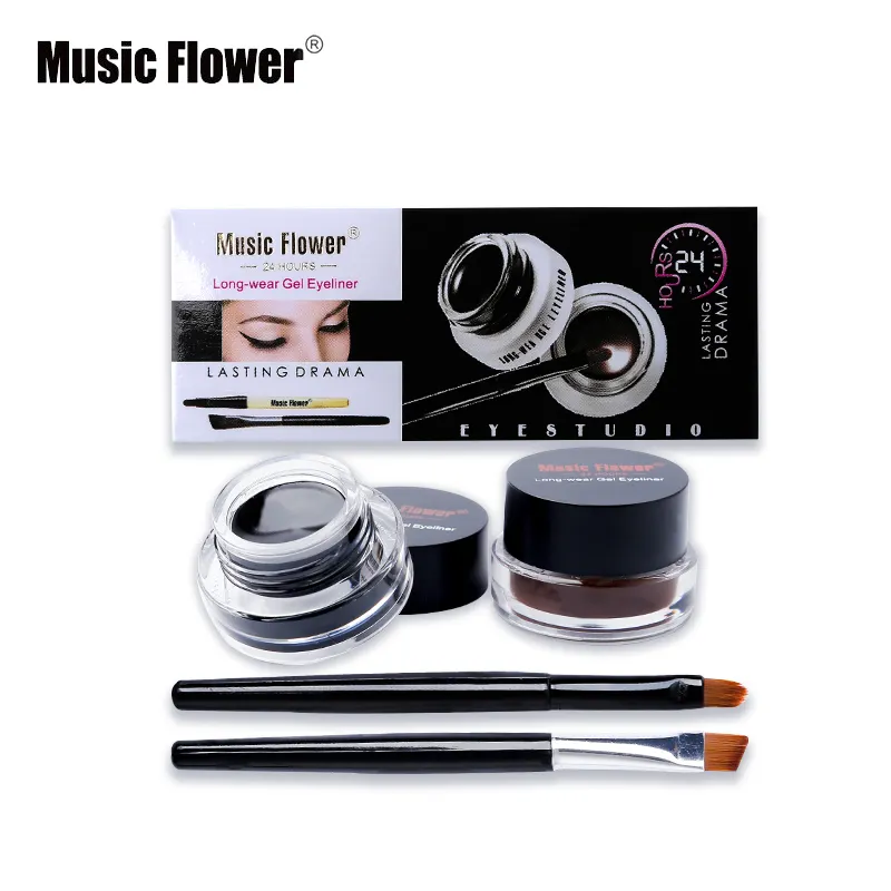 Musik Bunga coklat + hitam 2 In 1 Eyeliner Gel riasan wajah tahan air tebal Matte Eye Liner krim tahan lama dengan 2 kuas rias