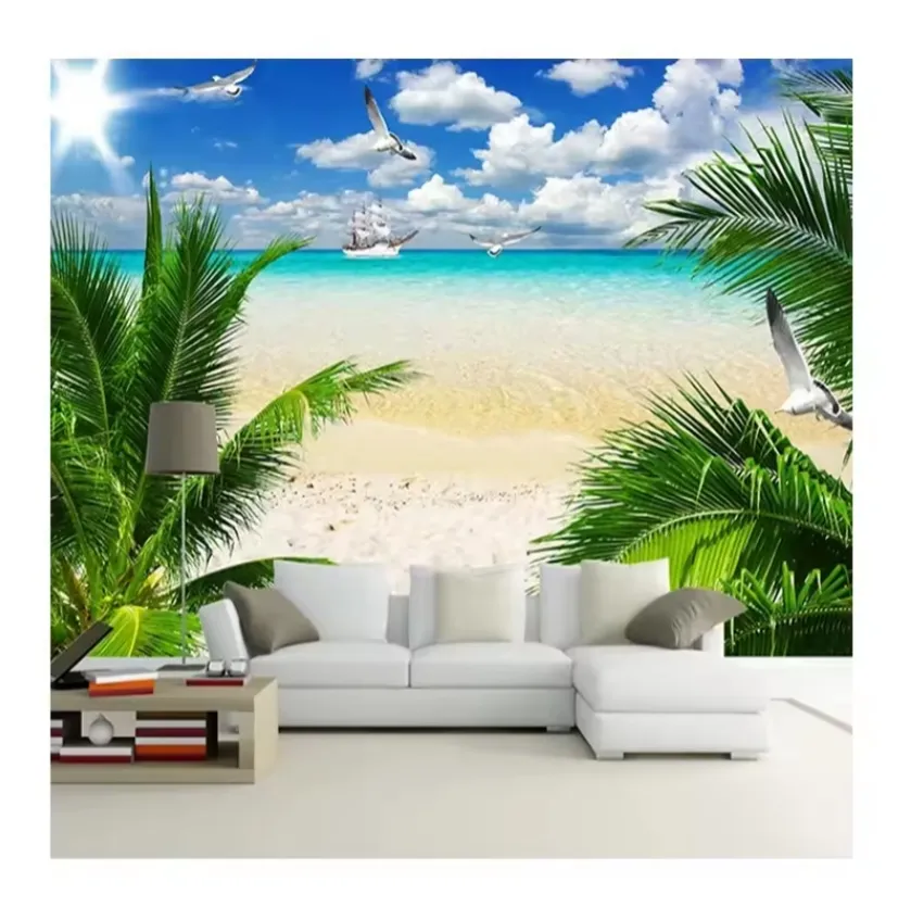 Custom 3d Beach Poster Photo Wallpaper Blue Sky White Clouds Coconut Tree Wall Mural Living Room Sofa Bedroom Mural