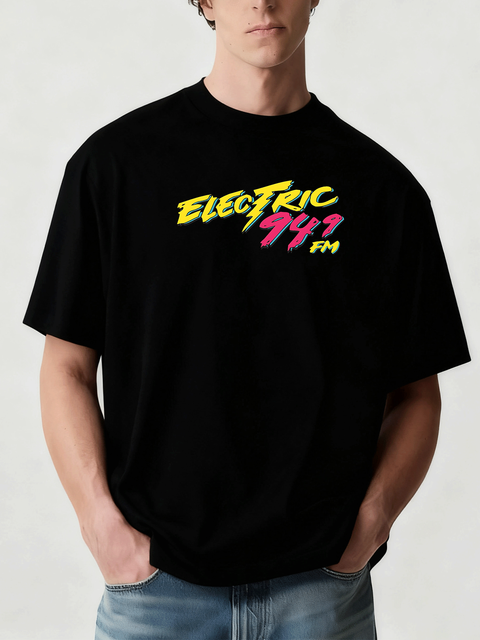 Electric 94.9 FM Logo Men's T-Shirt Bold Neon Typography Nostalgic Retro Vibe Breathable Short Sleeve Casual Design 100% Cotton