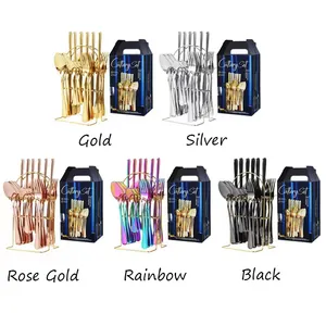 Custom Logo 24 Pcs Cutlery Set Gold Rose Gold Silver Stainless Steel Silverware