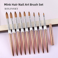 Kuas Kuku Akrilik Kualitas Salon Profesional 100% Rambut Kolinsky Gagang Logam Rose Gold Kuas Oval Pipih Berkerut Grosir