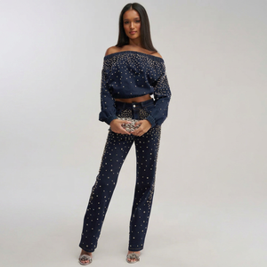 Women's <b>Off</b> Shoulder Knitted 2-Piece Set With Rhinestone Dot Pattern Loose Fit Full Sleeve Top And Pants Spring Summer Casual - Product Image 1