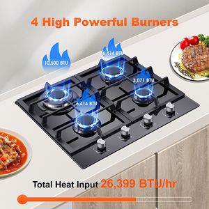 24 Inch Keuken Gaskookplaat 4 Branders Ng/Lpg Converteerbare Roestvrijstalen Gehard Glas, Gasfornuis, Bulat-In Gaskookplaat - Product Image 4