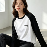 Camiseta Casual Básica de Algodón para Mujer, Manga Larga, Cuello Redondo, Color Negro y Blanco en Contraste, con Logotipo Bordado Personalizado al por Mayor