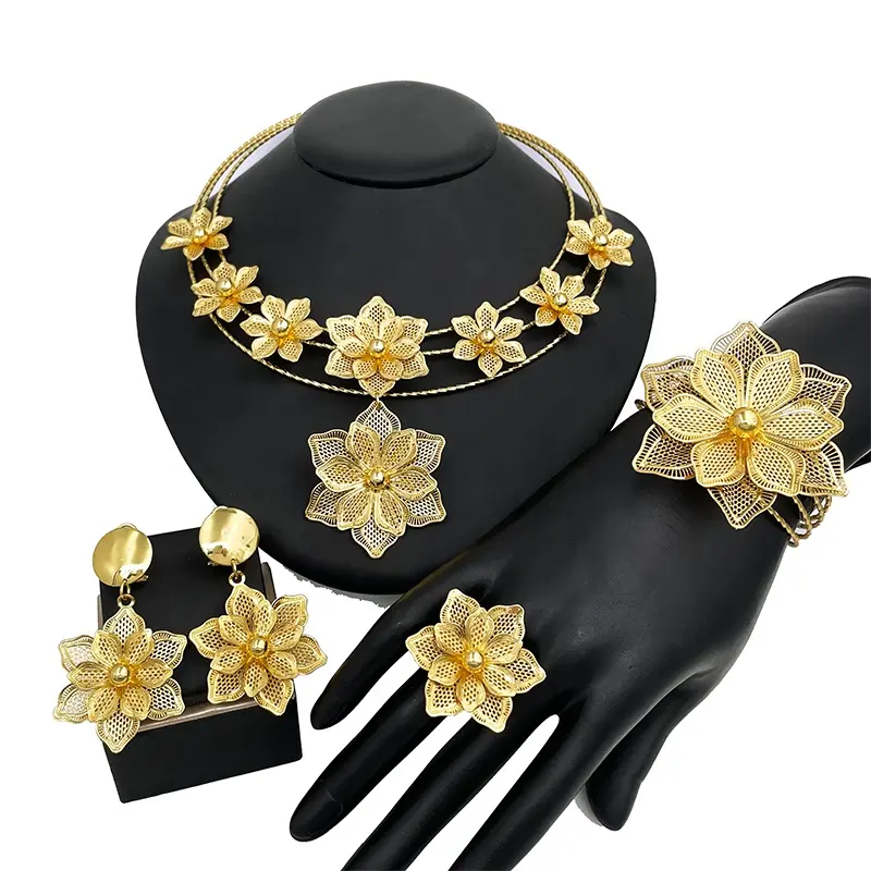 Conjunto de joias banhadas a ouro 24k, conjunto de joias tamanho grande com colar de flores, kit de jóias para casamento