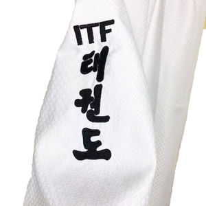 Pantalones de uniforme de entrenamiento de <span class=keywords><strong>Taekwondo</strong></span> ITF unisex personalizables Quteng, tela acanalada, transpirable y duradera, uniforme de <span class=keywords><strong>taekwondo</strong></span> ITF - Product Image 4