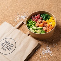 Sac à emporter en papier kraft imprimé personnalisé, emballage alimentaire jetable pour commandes de salades et de plats Poke en restaurant