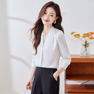Women Satin Long Sleeve Blouse V Neck Polyester Elegant Commuting Shirt - Product Image 3