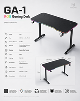 Bureau de jeu en forme de L, surface en MDF métallique, hauteur réglable, éclairage LED RVB, crochet pour casque, structure en acier durable, pour joueurs d'e-sport