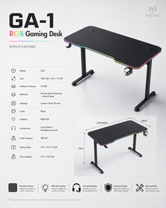 Bureau de jeu avec surface en fibre de carbone, éclairage LED RGB, crochet pour casque, structure en acier, bureau d'ordinateur durable pour les joueurs d'e-sport - Product Image 3