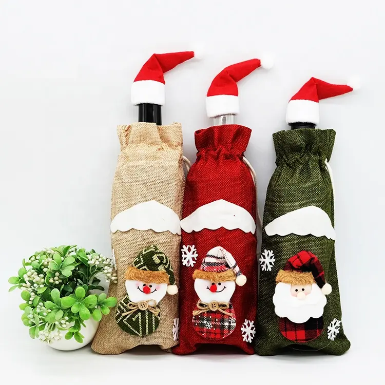 Santa Claus Christmas Wine Bottle Cover Bags Christmas Ornaments Xmas Tree Decoration Tiny Santa Hat
