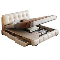 Lit double de mariage avec sommier à tiroirs en cuir véritable et cadre en bois massif, style crème, avec coussin moelleux, modèle Creamy Cloud Puff