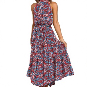 Robe midi élégante à imprimé floral, col halter, coupe trapèze, en mousseline, sans manches, respirante, décontractée, pour femme, été/printemps, vente en gros - Product Image 3