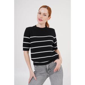 Blusa de Punto a Rayas de Manga Corta para Mujer al por Mayor, Color Negro - Product Image 6