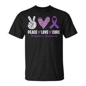 Camiseta con lazo morado para concienciación sobre la enfermedad de Alzheimer, Peace Love Cure, unisex, para adultos, manga corta, cuello redondo, estampado en serigrafía - Product Image 1