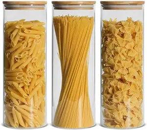 3 pacchetto Cilindro di Vetro A Chiusura Ermetica di Spaghetti Pasta Contenitore di Conservazione Degli Alimenti Vaso Di Vetro con Coperchio Di Bambù