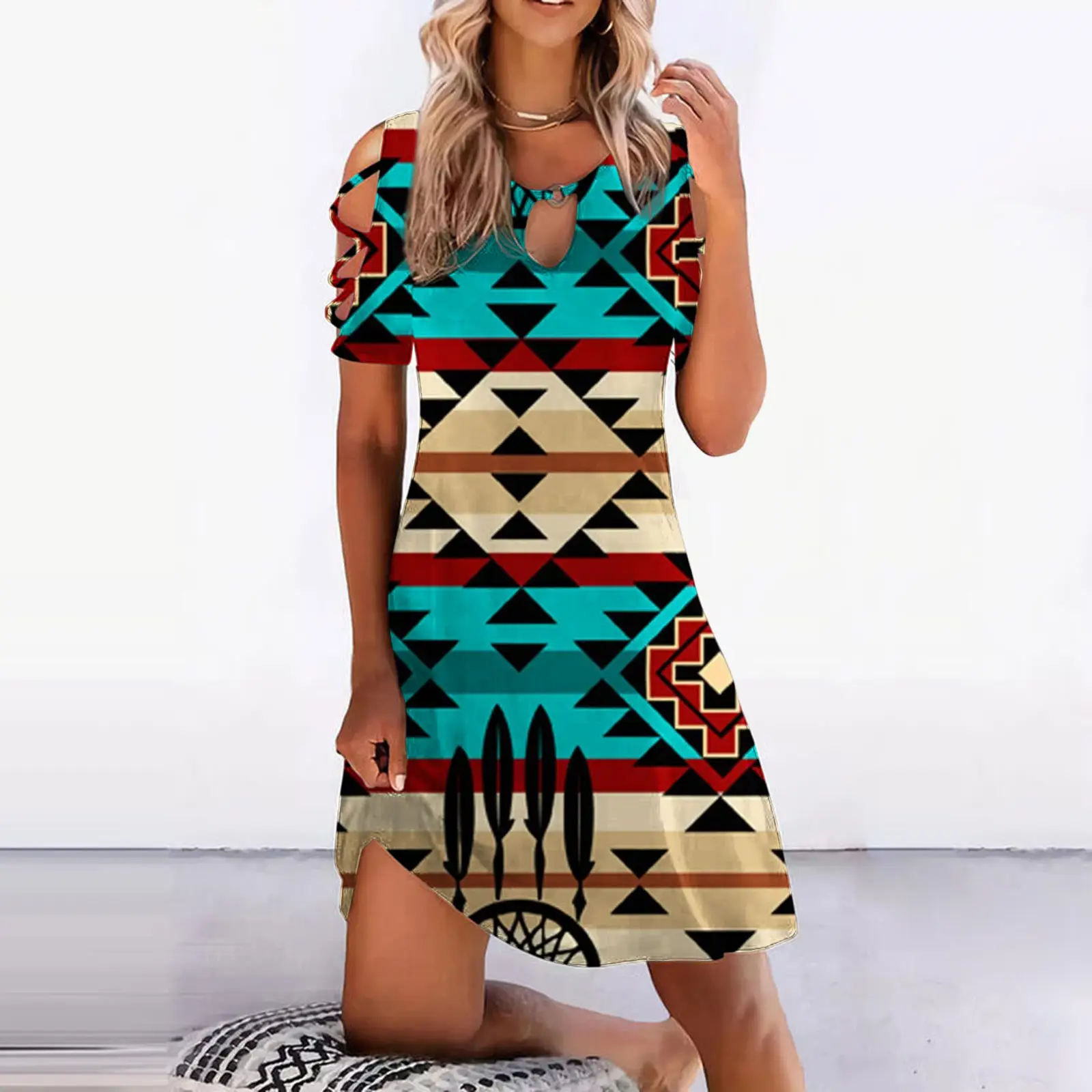 Women Indian Bohemian Boho Aztec Style Geometric Pattern Printed Clothing Knee Length Short Sleeve Dress