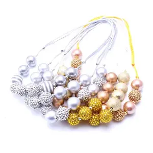 Baby Girl Gold Color Imitation Pearl Rhinestone Bubblegum Beads Necklace Adjustable Rope Necklace for Kids Jewelry Gifts