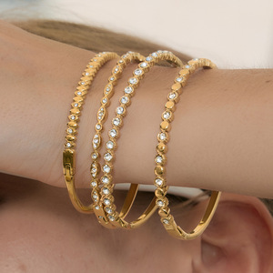 Golden Rhinestone <b>Bangle</b> Bracelets For Women Party Jewelry <b>Set</b> With Channel Setting Stainless Steel Design - Product Image 2