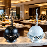Plat de service rond en acier inoxydable de 8 L avec chauffe-alcool, noir et blanc, pour buffet, hôtel, fête, traiteur