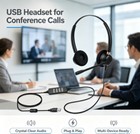 Casque USB Binaural pour Centre d'Appels avec Micro Anti-Bruit, Commande de Muet Intégrée, Certifié CE FCC RoHS, Logo OEM