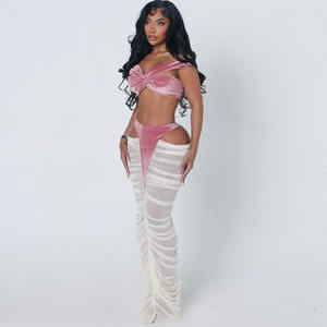 Ensemble jupe et haut pour femme, deux pièces, haut court sans manches ajouré, jupe longue <span class=keywords><strong>maxi</strong></span> à volants, patchwork, transparent - Product Image 2