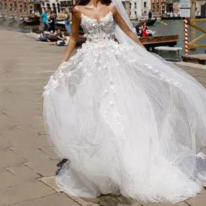 Beaded Backless Spaghetti Straps 3D Flower Boho Lace Bridal Gown Party Dresses Women Long Wedding Robe De Mariage Wedding Dress