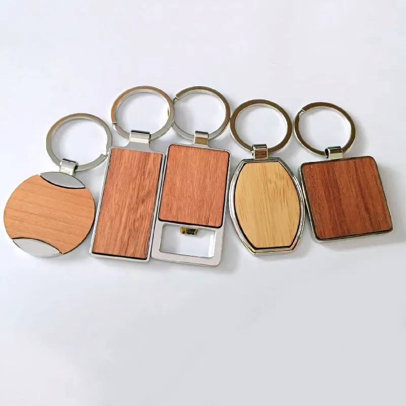 Wholesale Custom Shape Plain Accessories Engravable Logo Keyring Wooden Keychain In Bulk Wood Blank Metal Key Ring Keychain