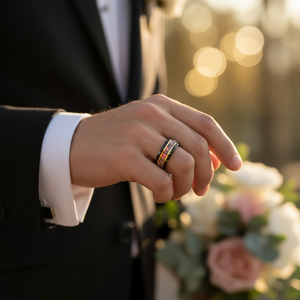 Cincin Tungsten Hitam POYA 8mm dengan Strip Emas, Bertekstur Palu, Inlay Opal Chunky Batu Pasir & Meteorit, Cincin Janji untuk Pasangan - Product Image 4