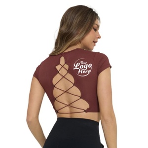 Haut court de yoga d'été personnalisable, respirant et léger, avec bretelles sexy au dos, coussinet de poitrine, manches longues, grandes tailles, coupe ajustée - Product Image 1