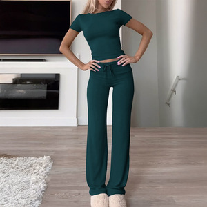 King Mcgreen Star printemps nouvelle mode banlieue dame ensemble décontracté couleur unie col rond manches courtes mince corps vêtements <span class=keywords><strong>pantalon</strong></span> ensemble - Product Image 4