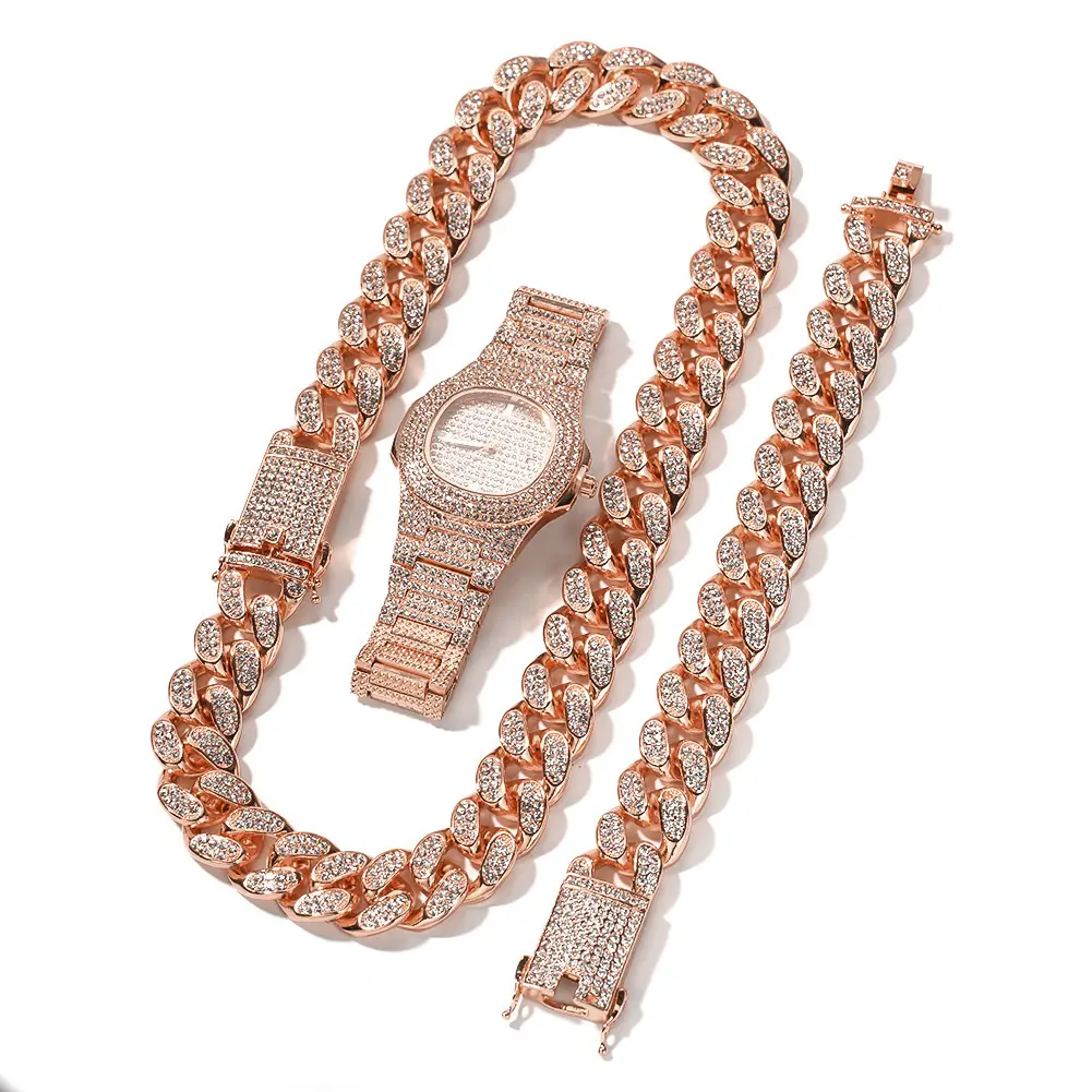Montre complète en diamant très vendue Collier plaqué or Bracelet Hip Hop Chaîne cubaine 20mm Parure de bijoux