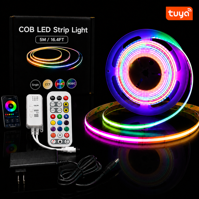 RGBIC COB LED Strip Light Kit Tuya APP RF Remote Music Sync DC12V 24V Dotless Smart RGBIC Light for TV Bedroom Decor